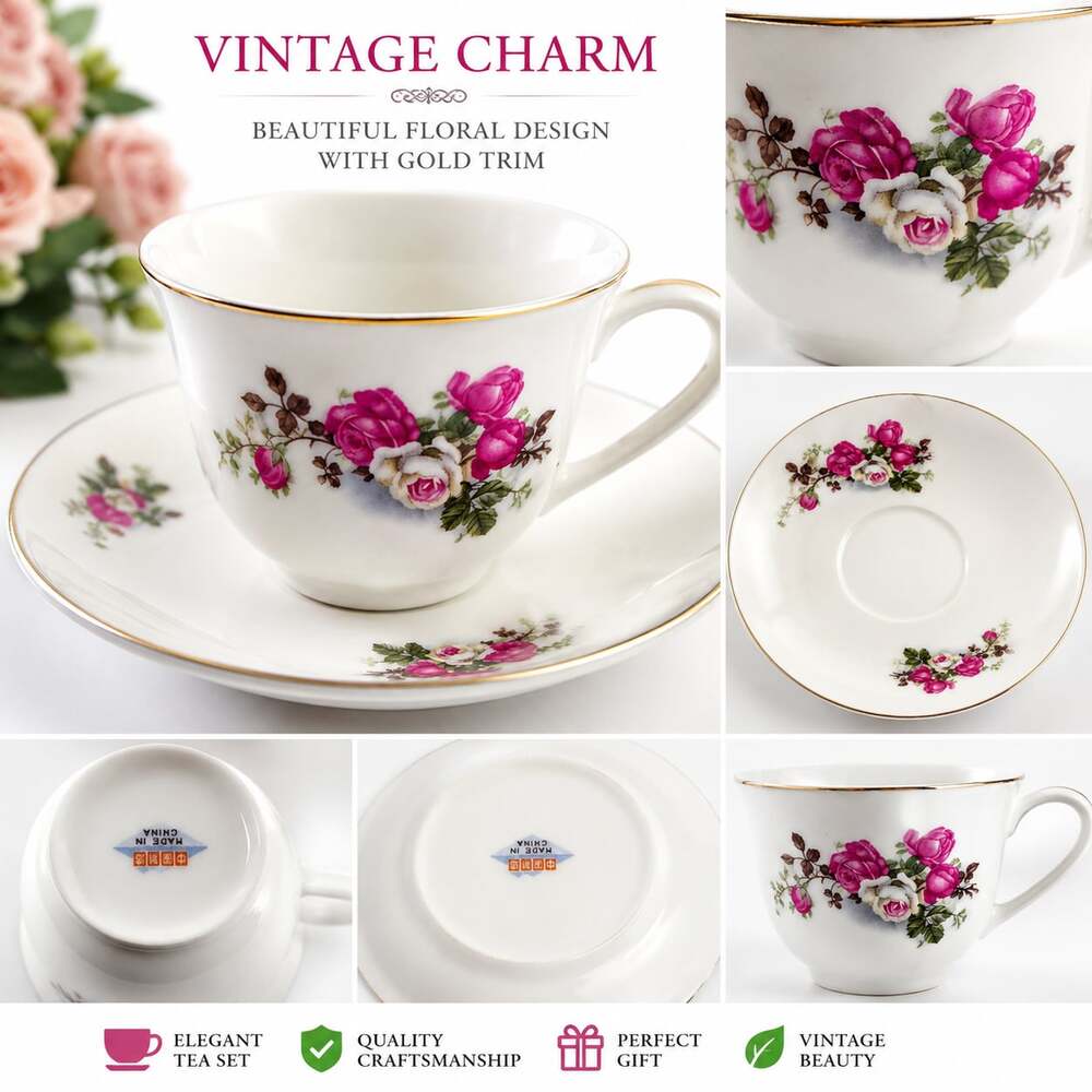 Vintage Floral Tea Cup & Saucer Set Pink Roses Gold Trim Porcelain Made in China